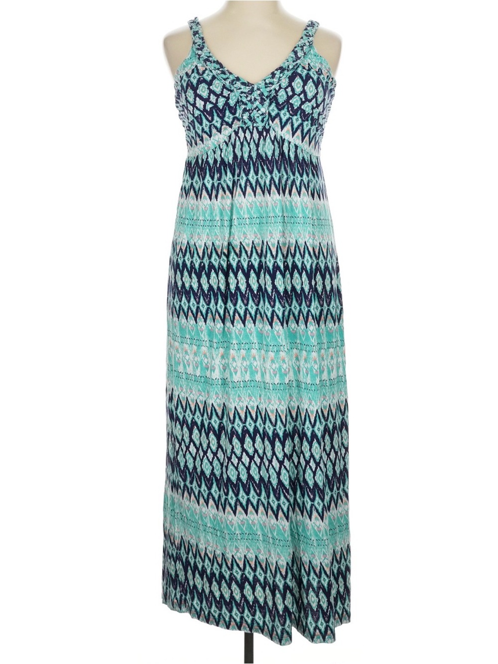 Women’s Aqua & Navy Printed Maxi Dress - Sleeveless V-Neck